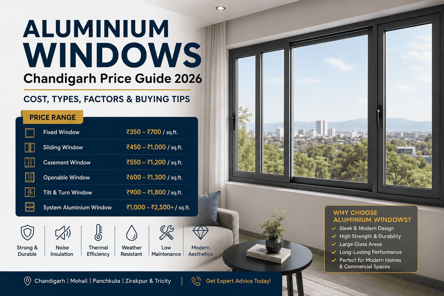 Aluminium Windows Chandigarh Price Guide 2026: Cost, Types, Factors & Buying Tips