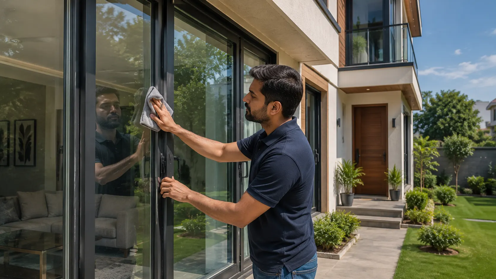 Homeowner cleaning premium aluminium windows in a modern Kurali home