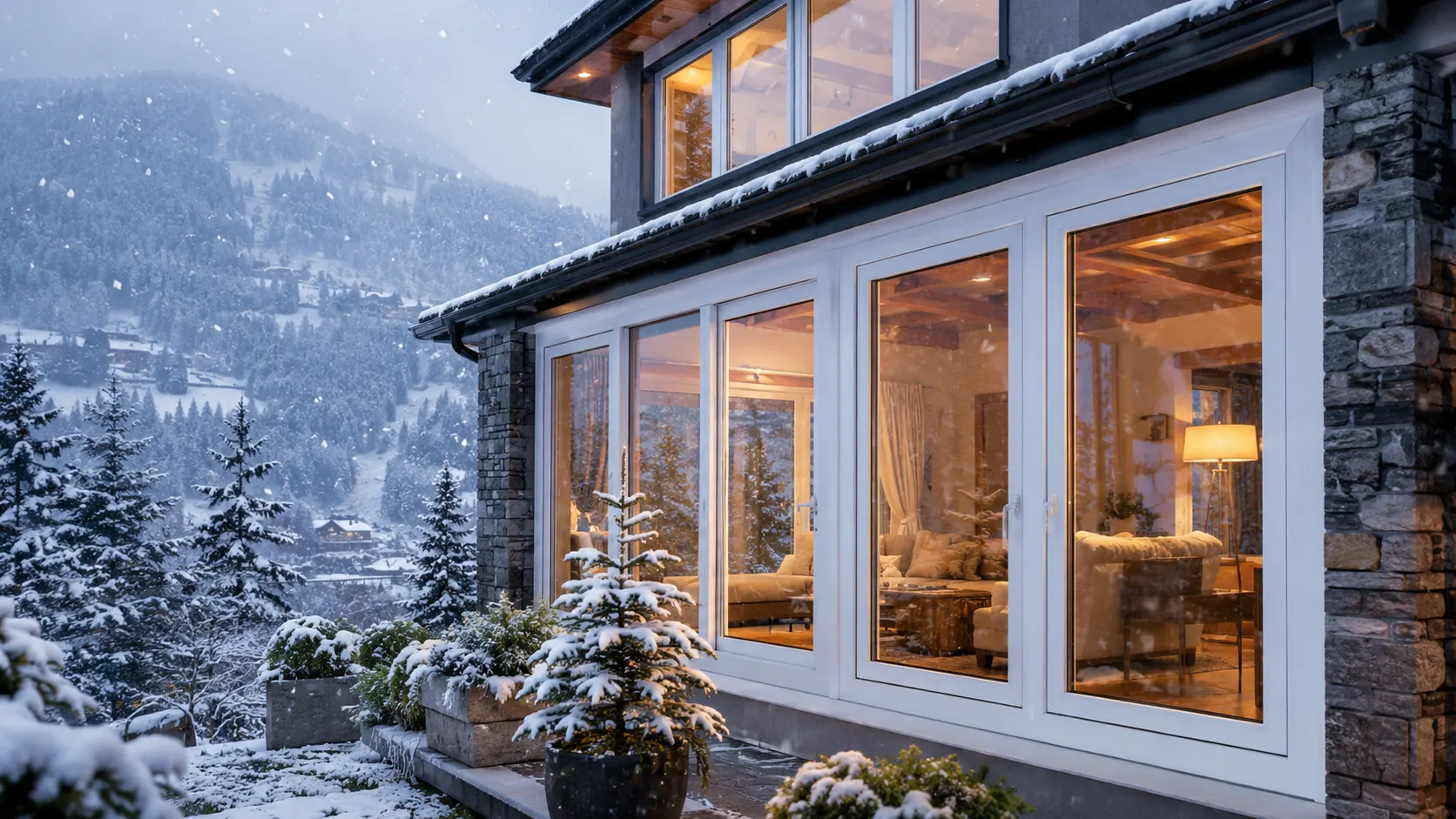 Modern Shimla home with premium white uPVC double-glazed windows overlooking snow-covered Himalayan mountains in winter.
