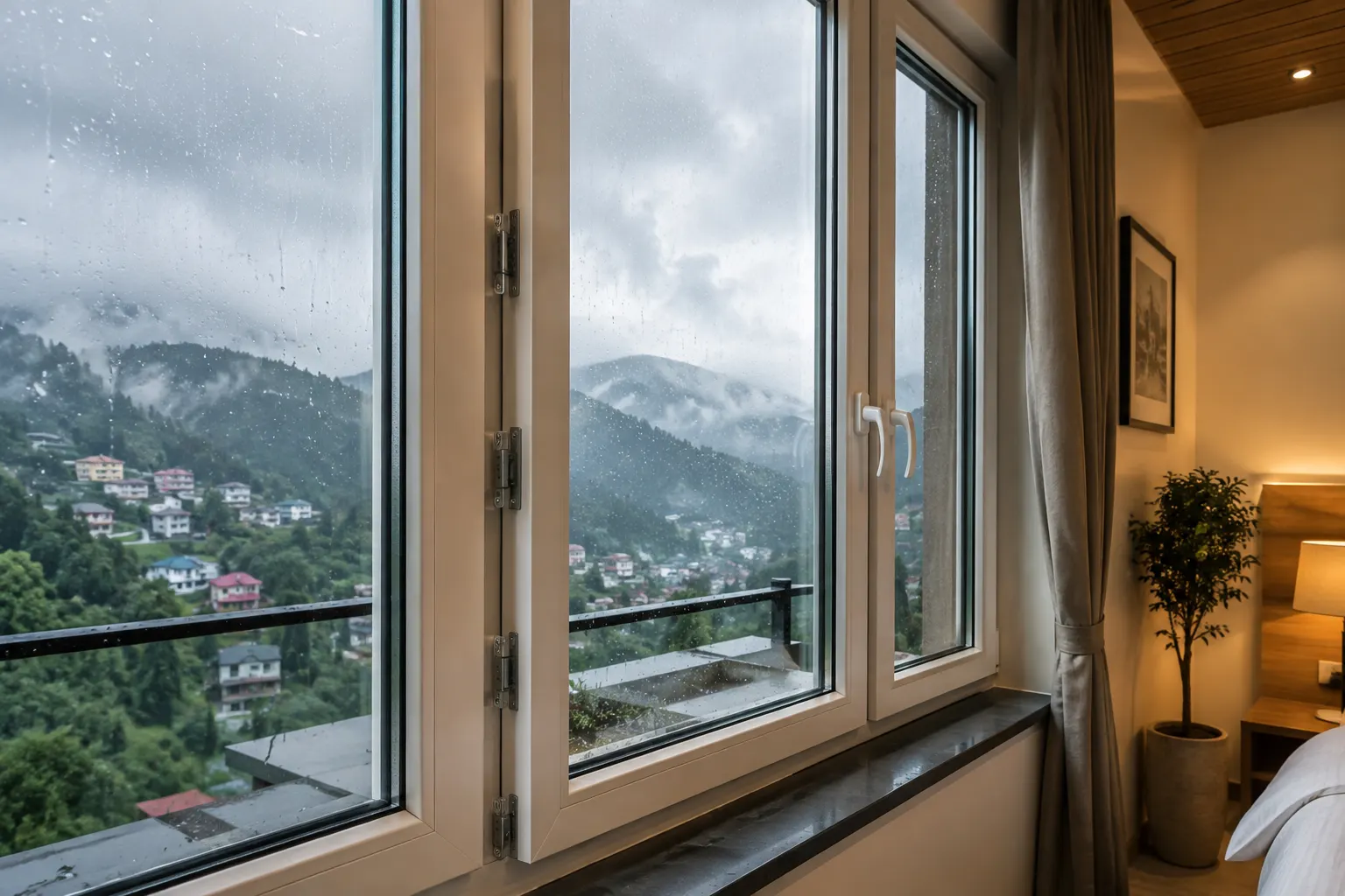 UPVC tilt and turn windows protecting a modern Solan home during monsoon rain