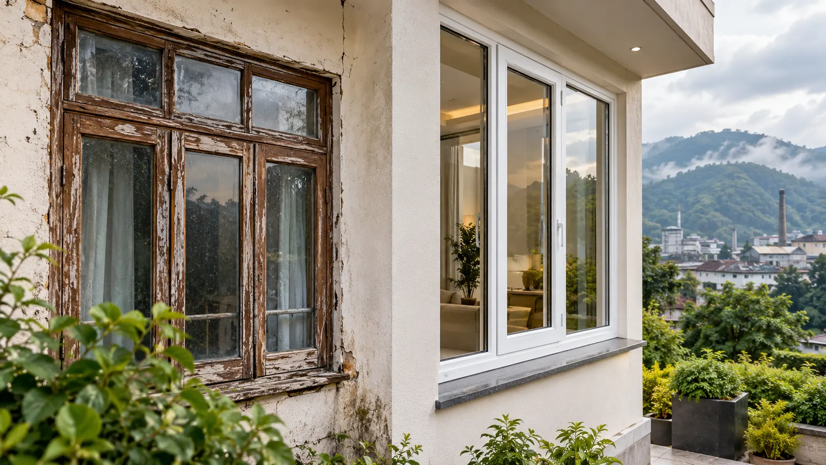 Old wooden windows compared with modern uPVC windows on a home in Baddi.