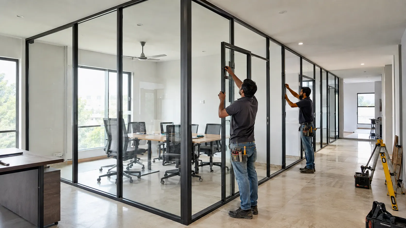 Aluminium partition contractors installing modern glass office partitions in Kharar Mohali