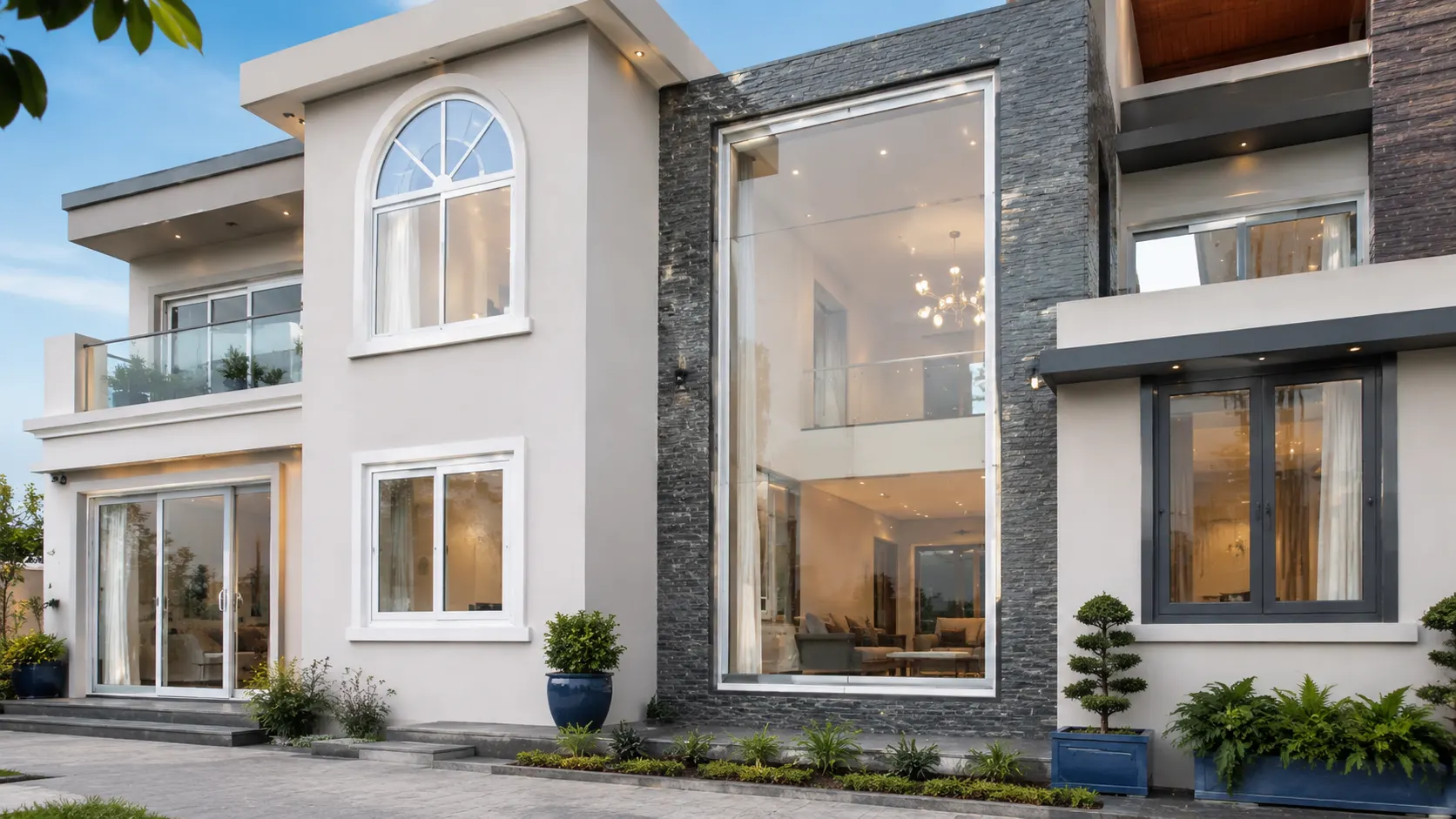 Custom uPVC and aluminium windows installed on a modern home near SAS Nagar Mohali with arched, fixed, casement and sliding designs