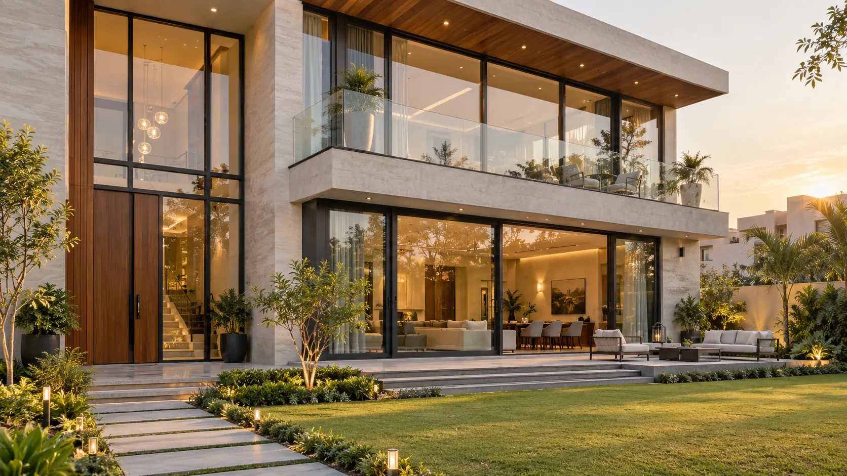 Luxury villa in Mohali featuring large aluminium windows, sliding glass doors and premium entrance systems.