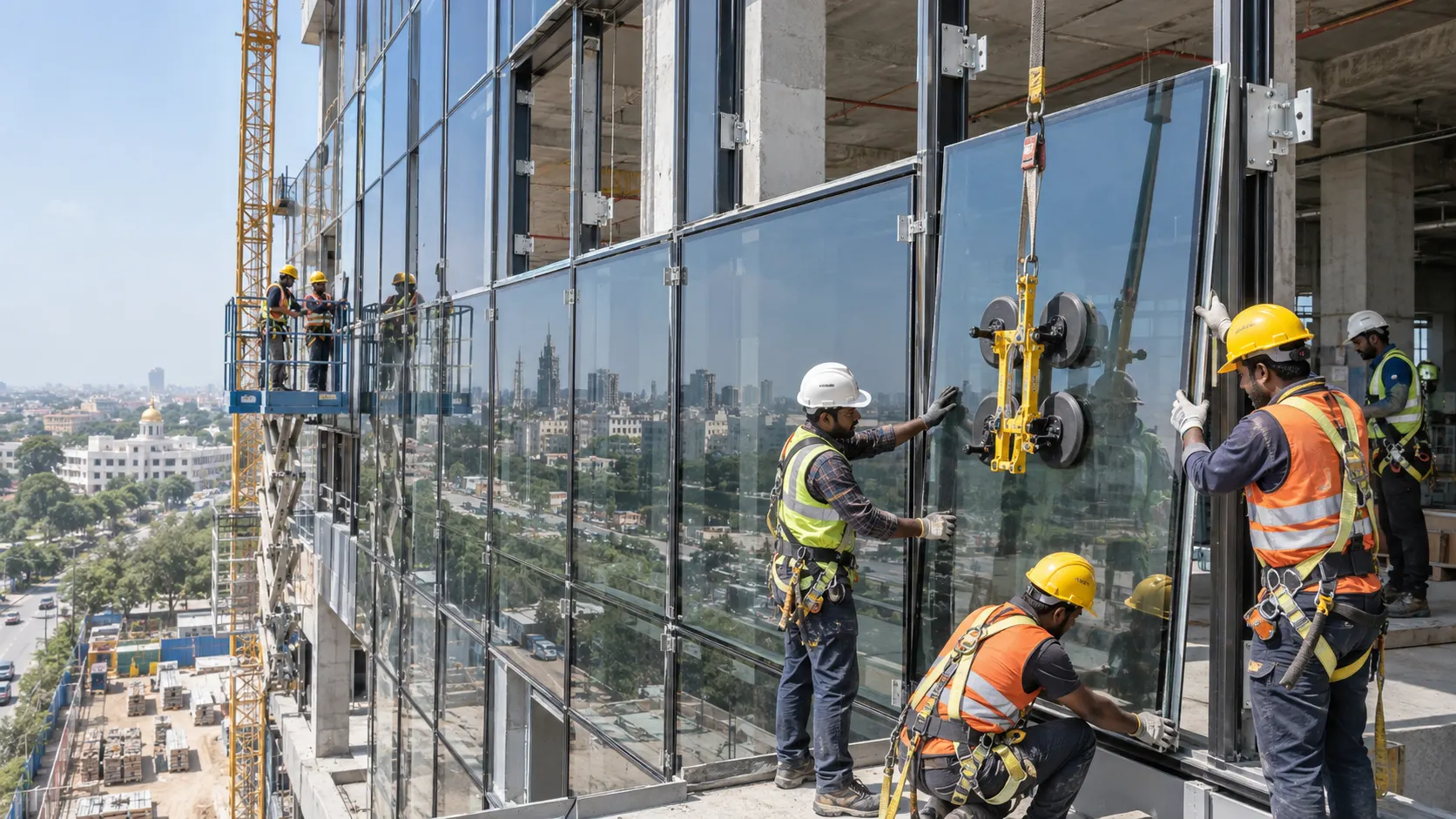 Commercial facade combining structural glazing and ACP cladding