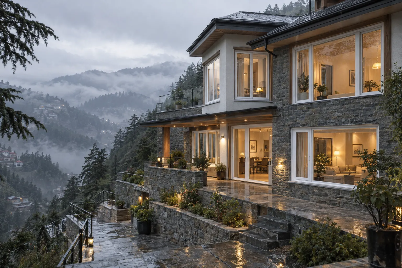 Modern Shimla hillside home with uPVC windows designed for cold and rainy weather