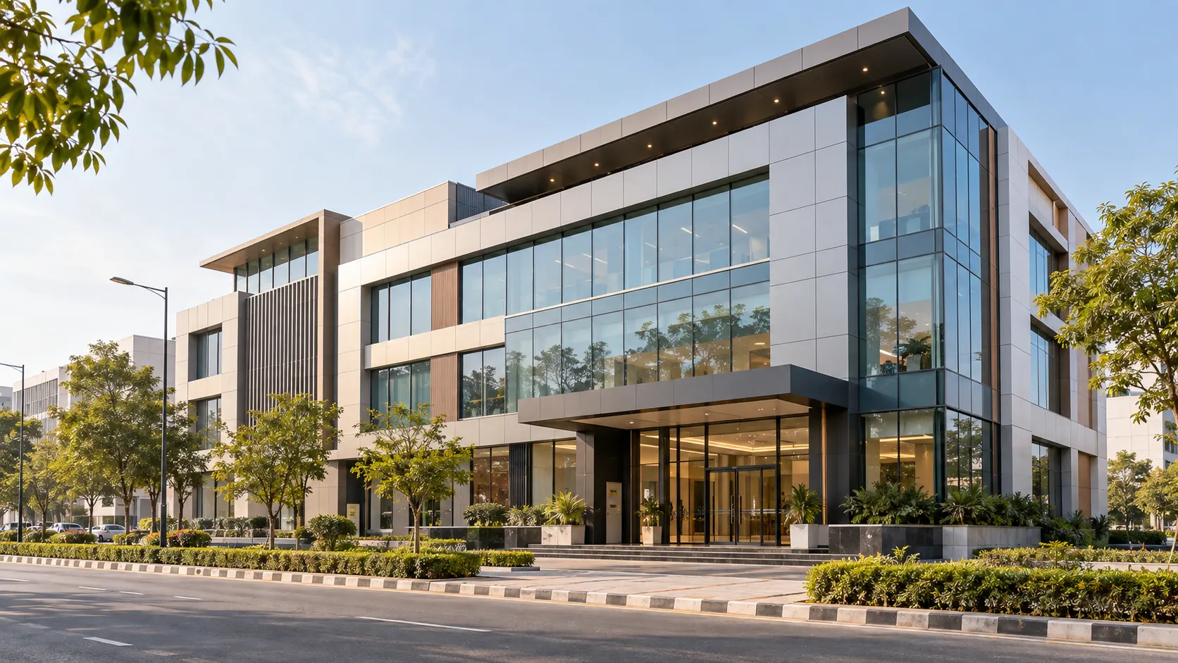 Modern commercial building in Chandigarh with ACP cladding and structural glazing facade