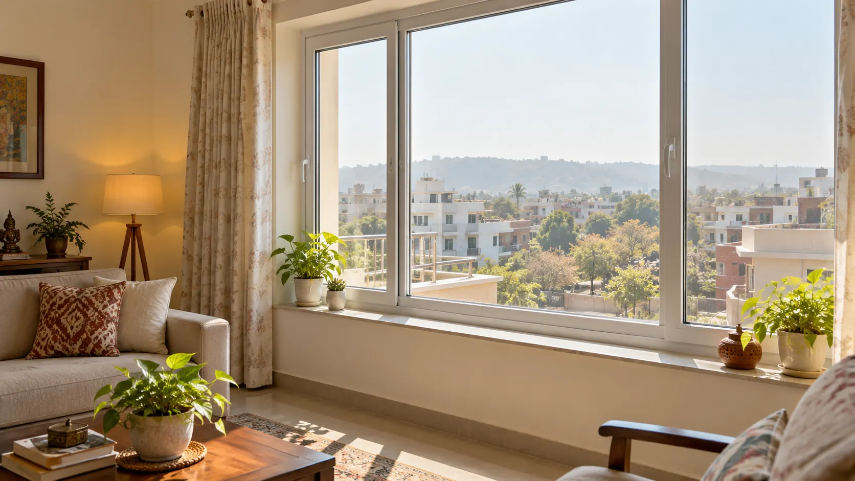 Comfortable home interior in Panchkula with a well-installed uPVC window designed for heat and dust protection