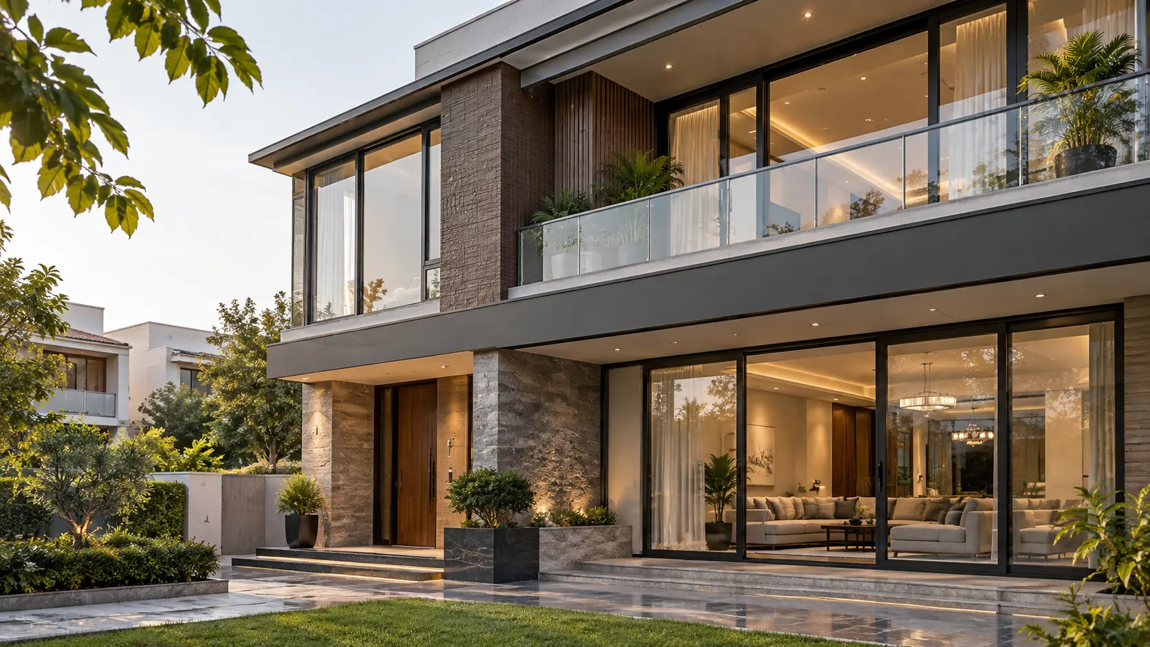 Modern Zirakpur home with slim aluminium windows and large sliding systems