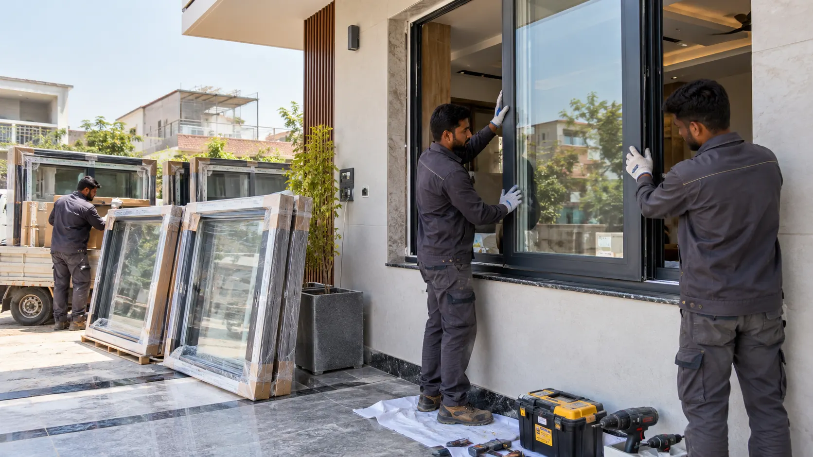 Made-to-measure aluminium windows being delivered and professionally installed at a Kurali home