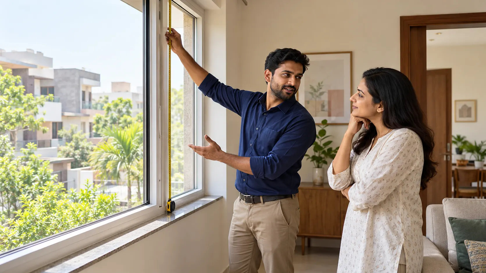 Indian window specialist discussing replacement options with a homeowner during a site visit in Mohali.