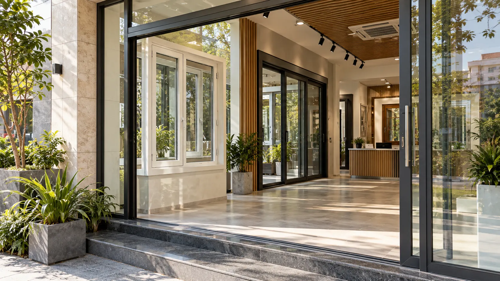 Window and door showroom entrance with white uPVC windows and charcoal aluminium door displays.