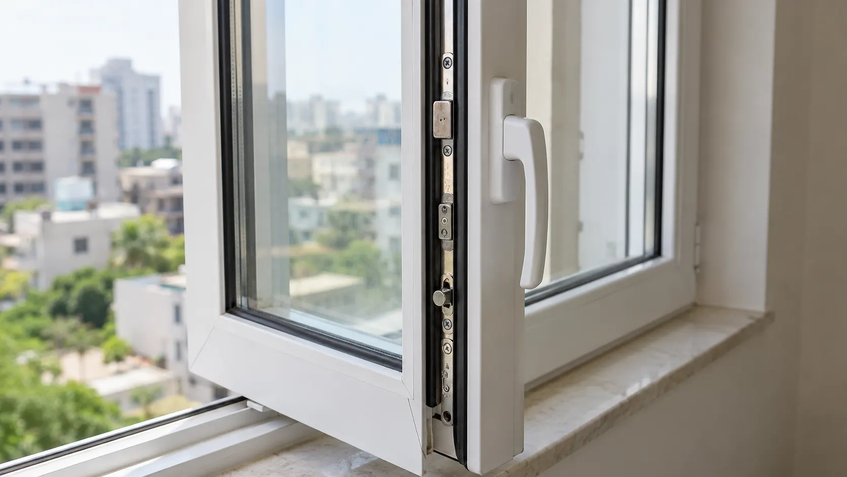 White uPVC bedroom window overlooking a busy divided road and nearby apartment buildings