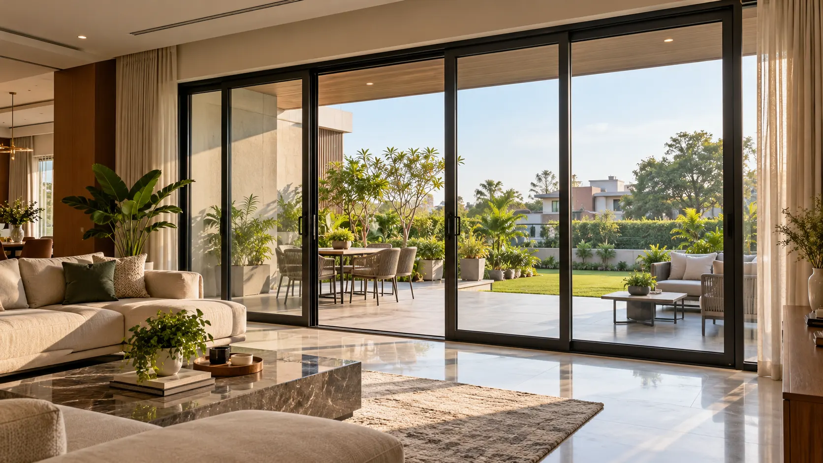 Modern Chandigarh home with large aluminium sliding doors connecting the living room to the garden
