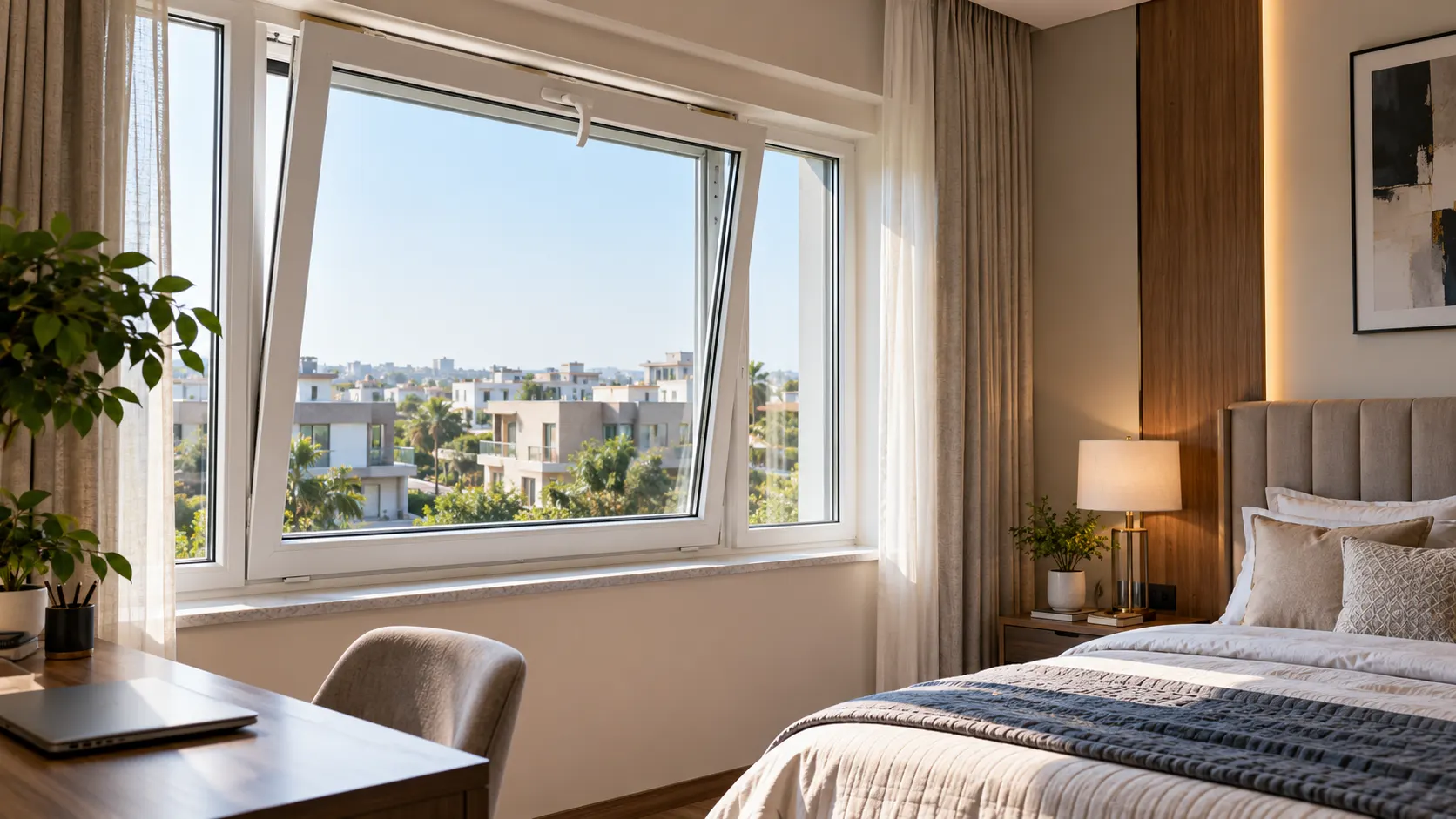 Tilt and turn uPVC window in a modern Mohali bedroom shown in secure ventilation mode