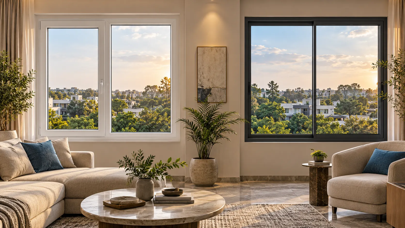 White uPVC and charcoal aluminium windows side by side in a contemporary living room