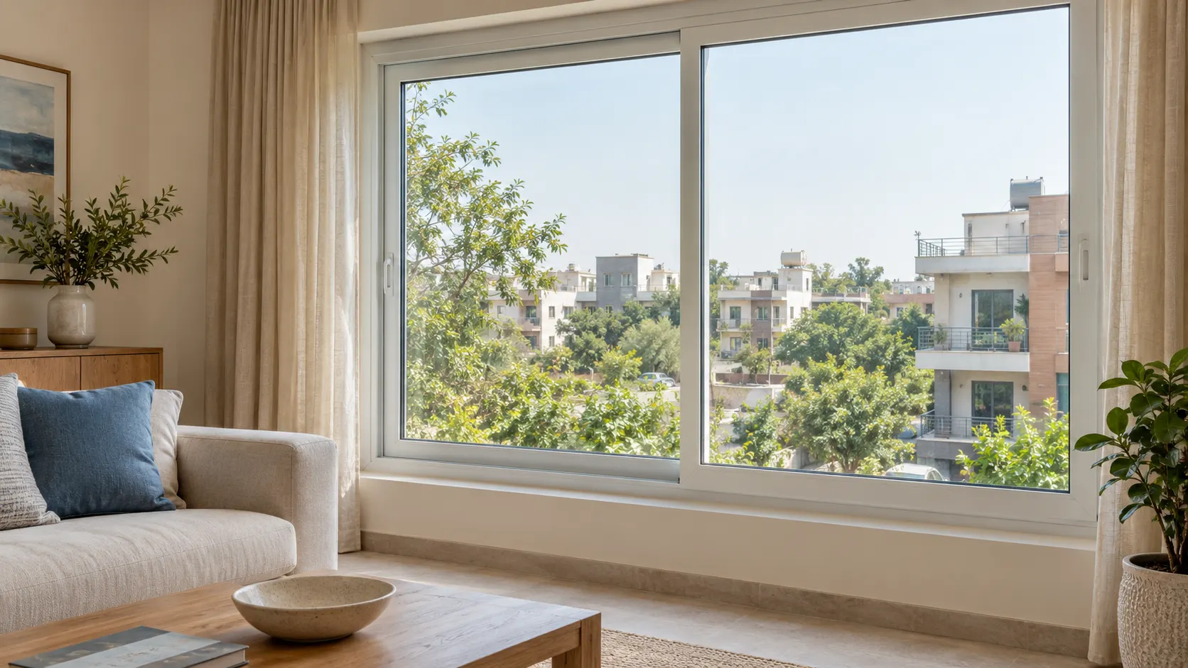 White uPVC sliding window beside a neutral sofa and linen curtains