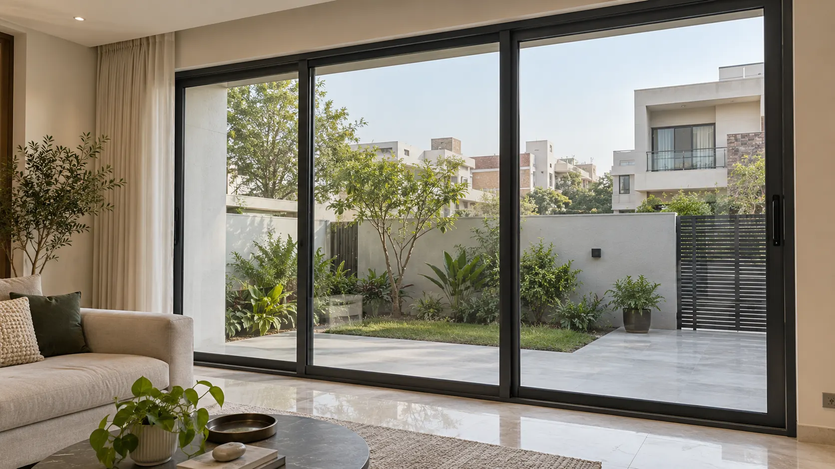 Wide charcoal aluminium sliding windows overlooking a planted courtyard from a modern living room