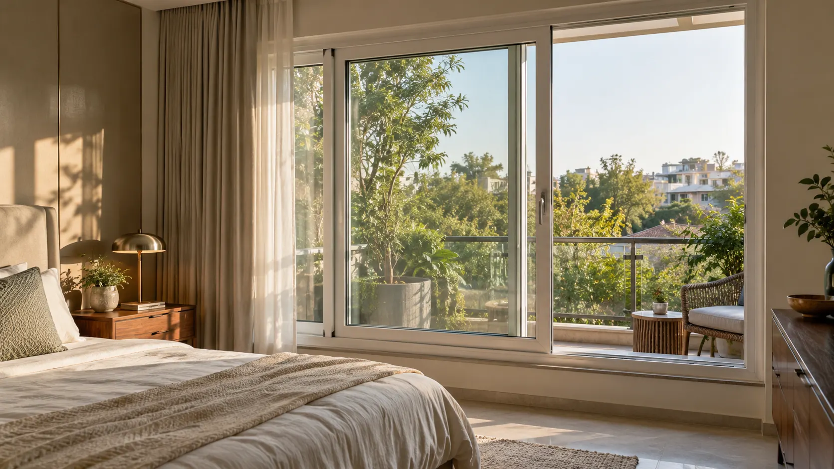 Bedroom sliding window: “White uPVC sliding window overlooking a leafy balcony beside a sunlit bedroom.