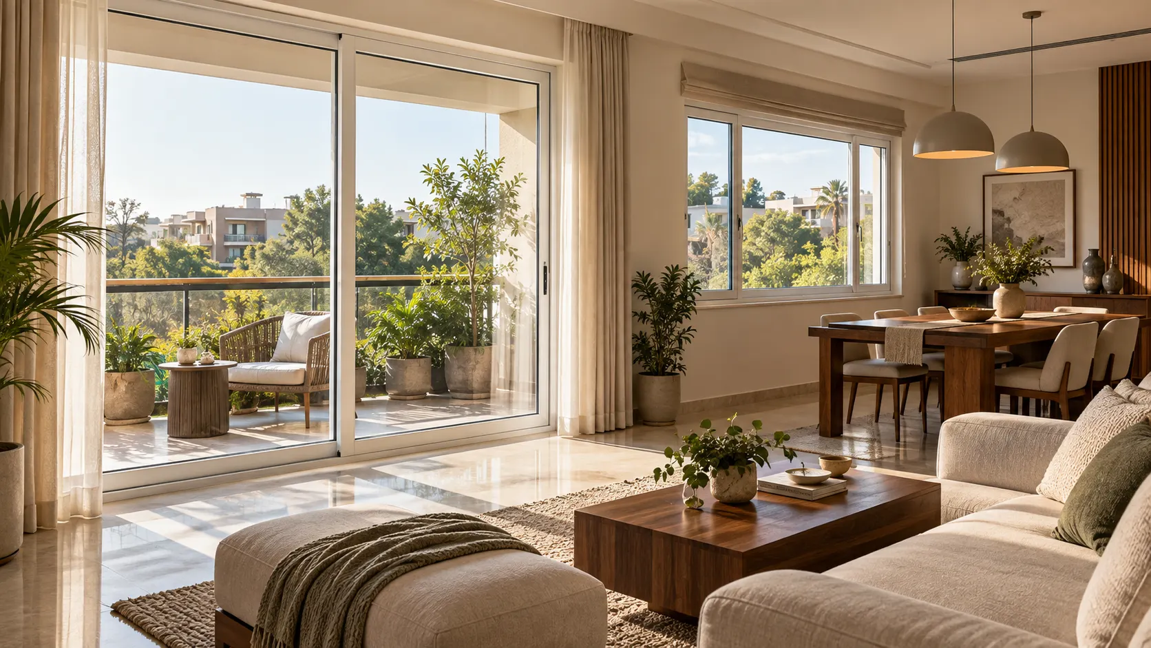 White uPVC balcony doors and matching windows in a sunlit living and dining room.
