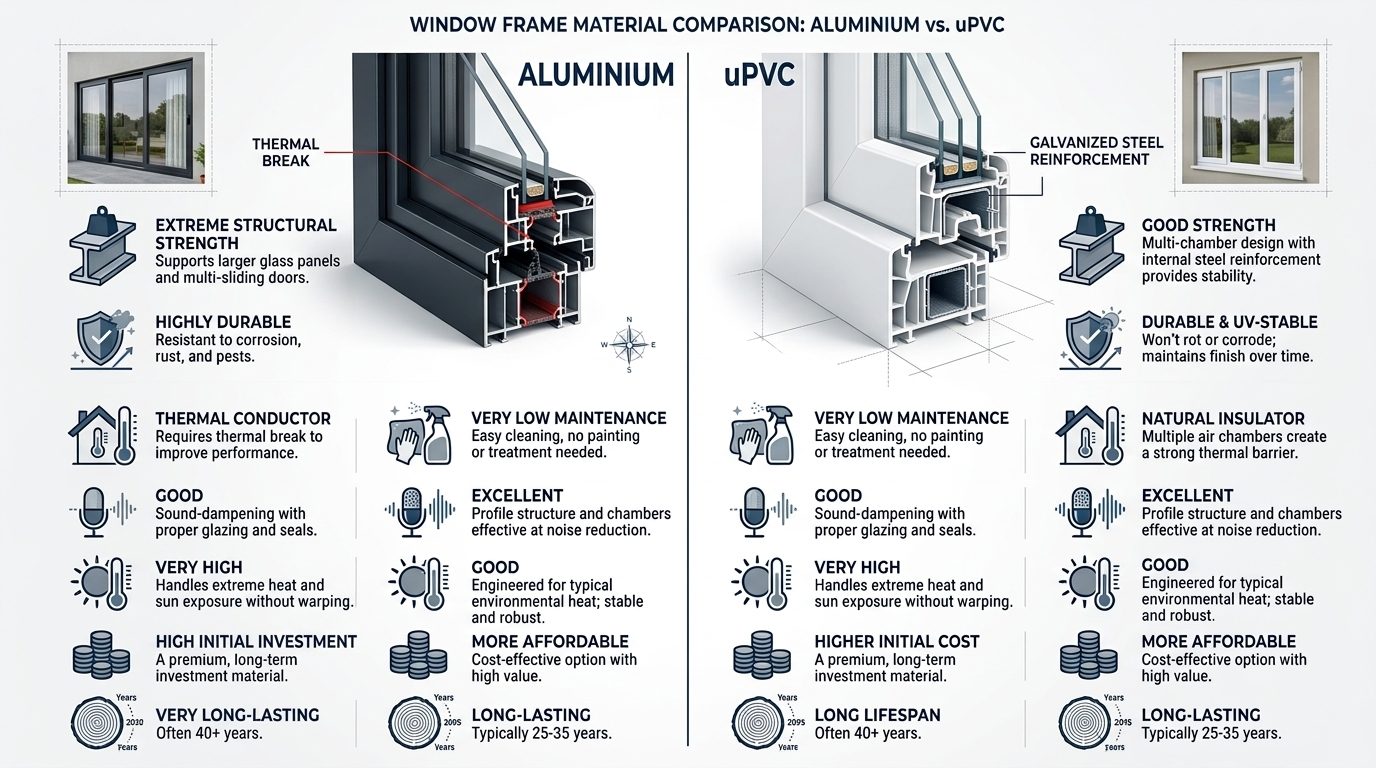 Comparison of aluminium and uPVC windows for insulation, durability and maintenance.