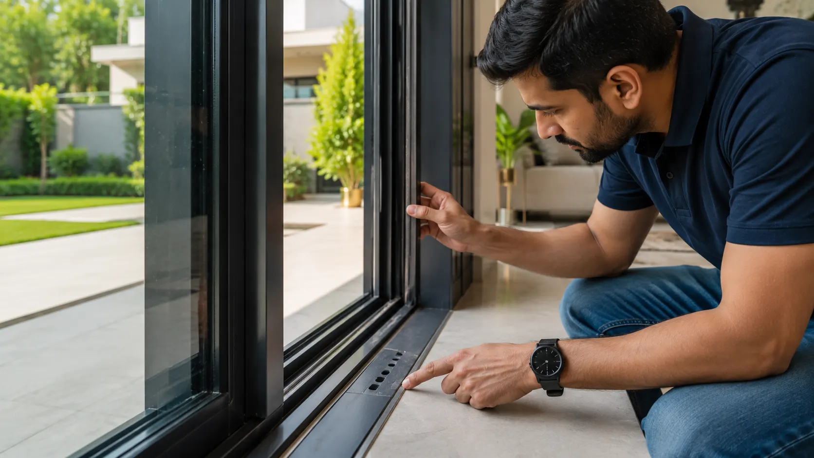 Inspecting weather seals and drainage holes on aluminium windows after monsoon