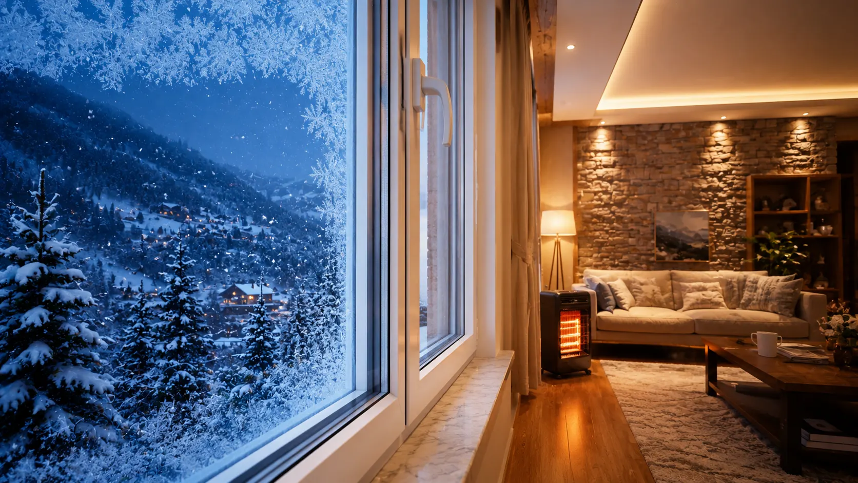 Modern Shimla home with premium white uPVC double-glazed windows overlooking snow-covered Himalayan mountains in winter.