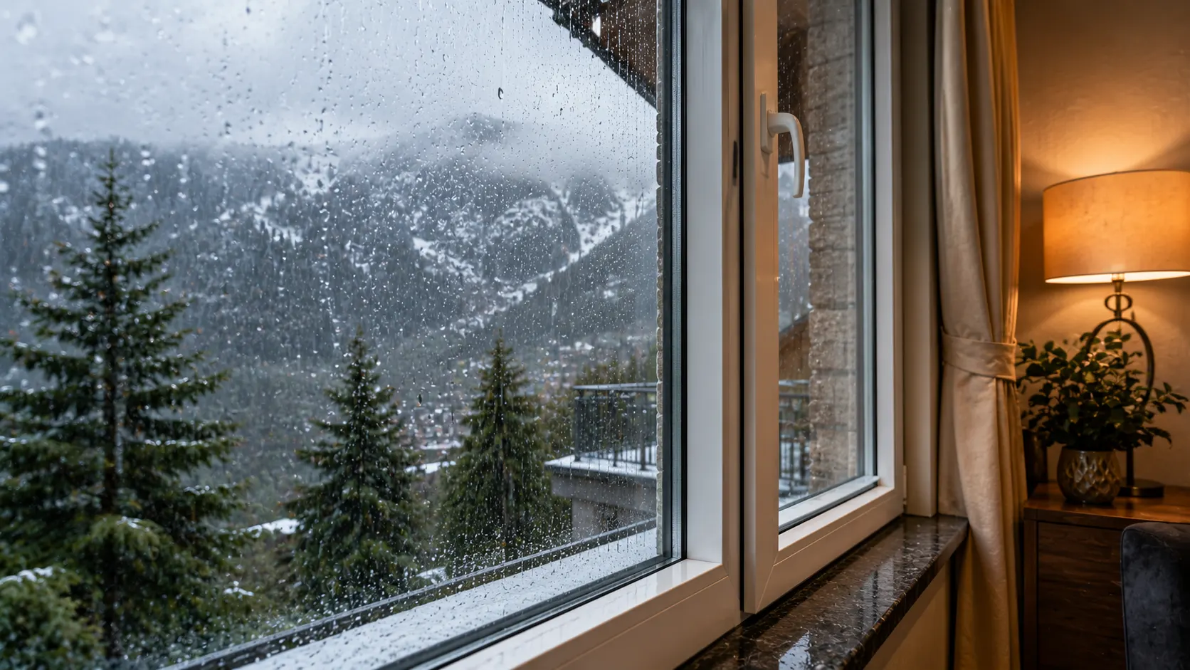 Premium white uPVC window with sealed frames during heavy rain in a Shimla mountain home, with wet pine trees and snowy hills outside.