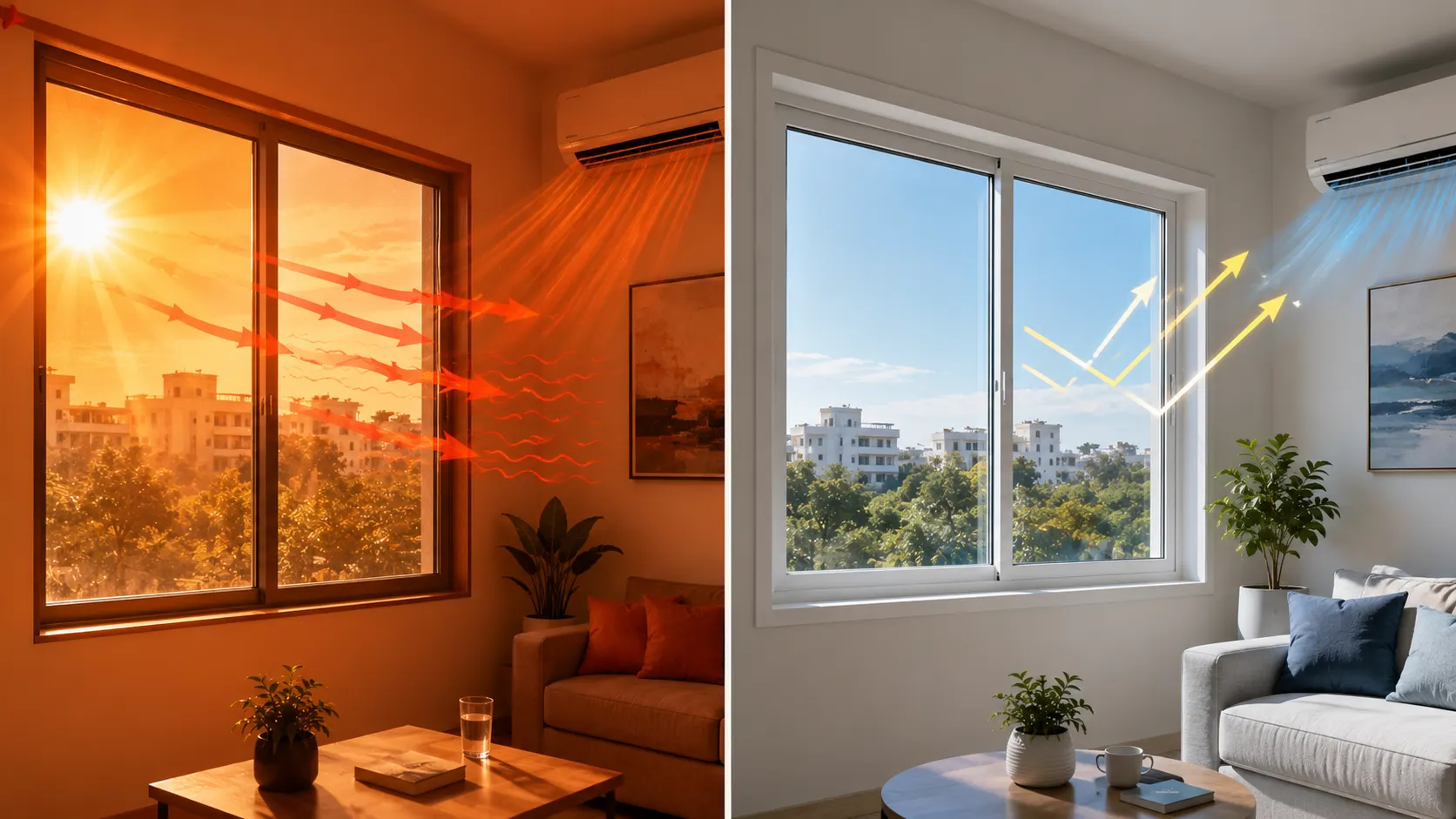 Comparison of single-glazed and double-glazed uPVC windows showing reduced heat gain and AC load