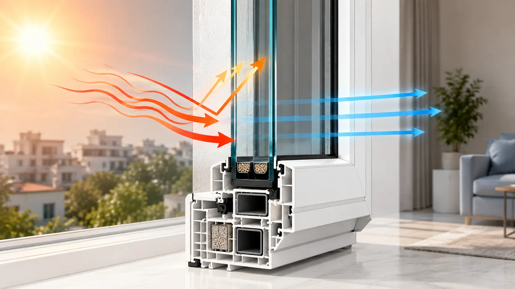 Cross-section of energy-efficient uPVC window showing double glazing, low-E glass, insulated frame and heat reduction