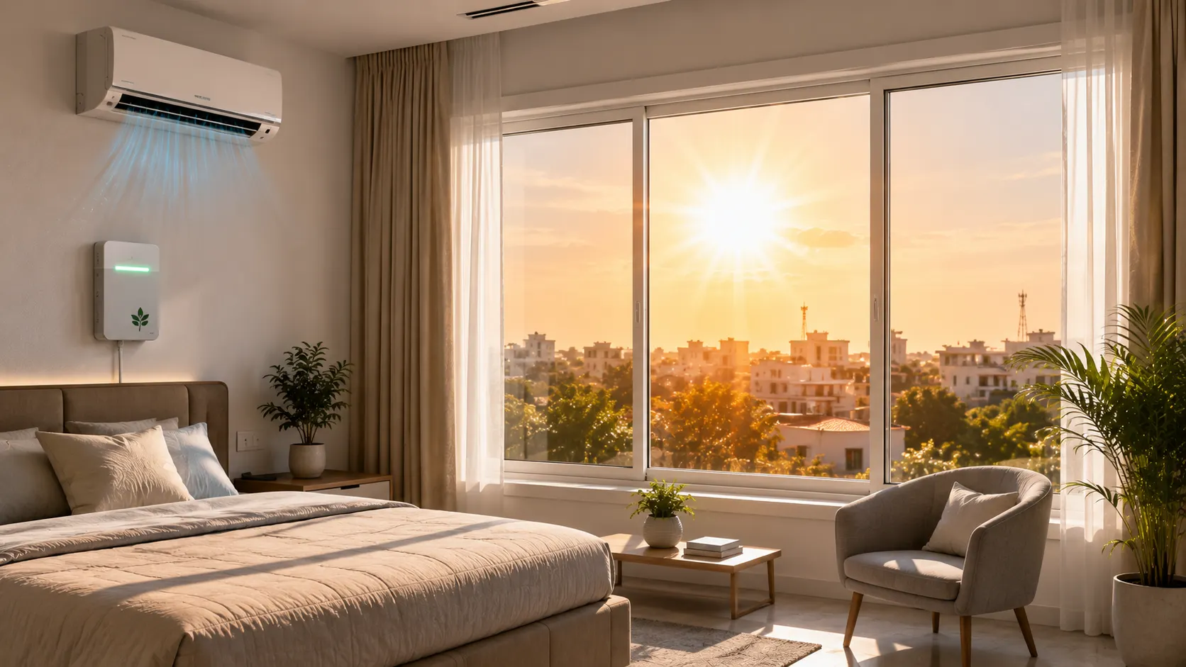 Modern Indian bedroom with energy-efficient double-glazed uPVC windows keeping the room cool during summer