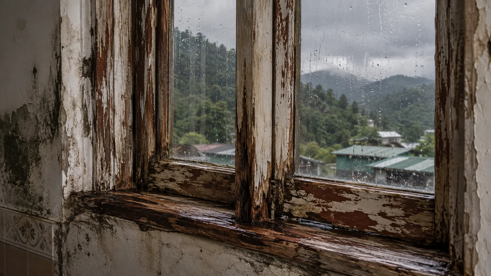 Warped and moisture-damaged wooden window during monsoon in Baddi