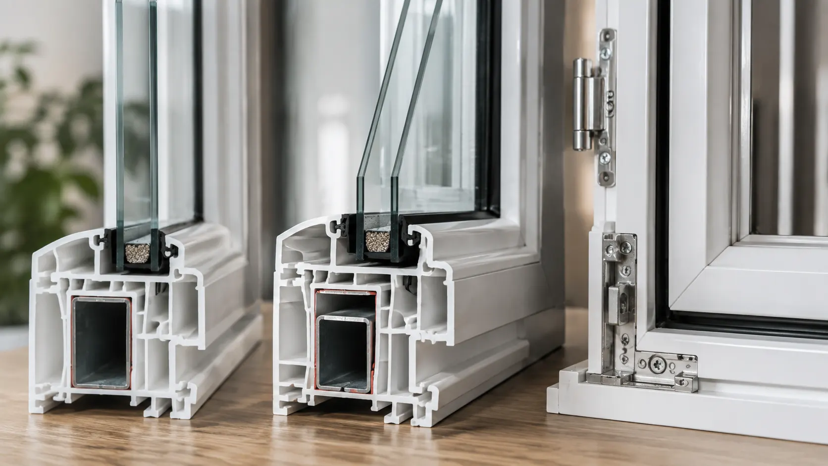Close-up of uPVC window profile, double glazing, steel reinforcement and quality hardware