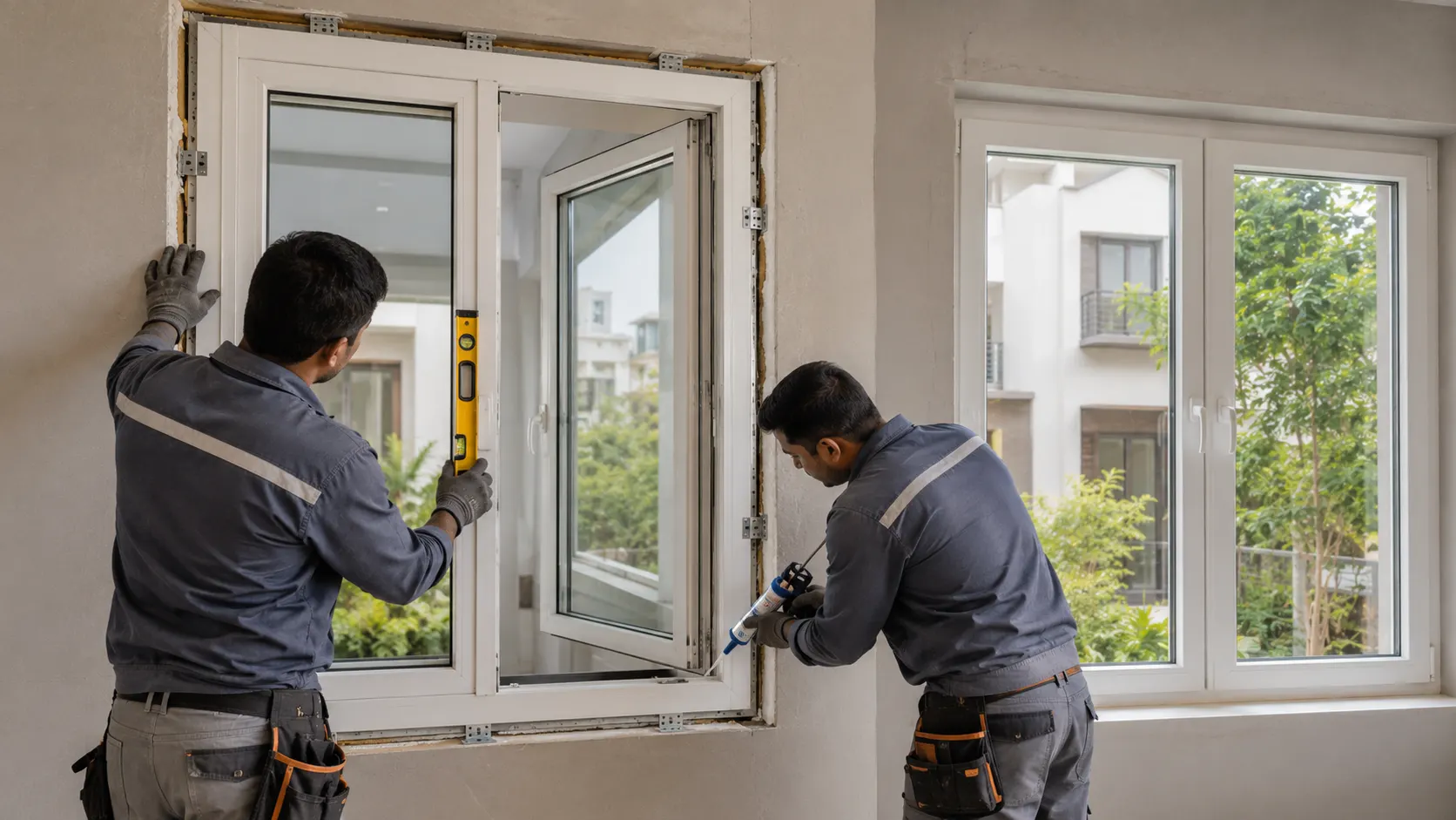 Professional installation of a uPVC window with frame alignment and sealing in a modern Indian home
