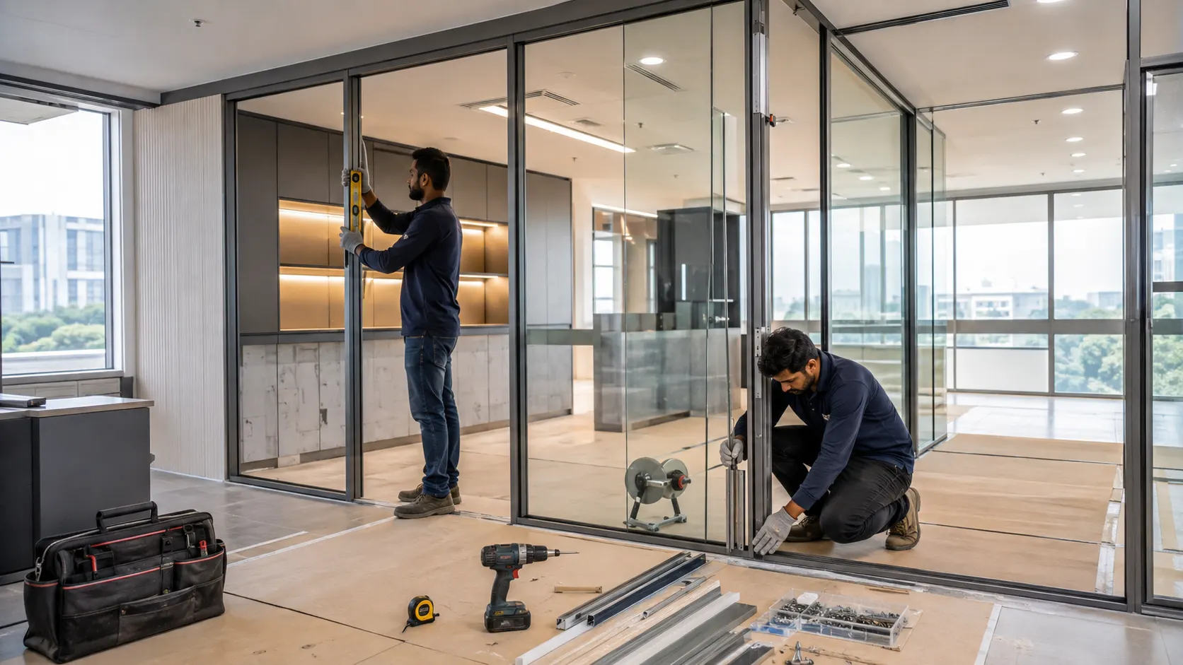 Modern aluminium partition design options with clear frosted and half-glazed glass in Kharar