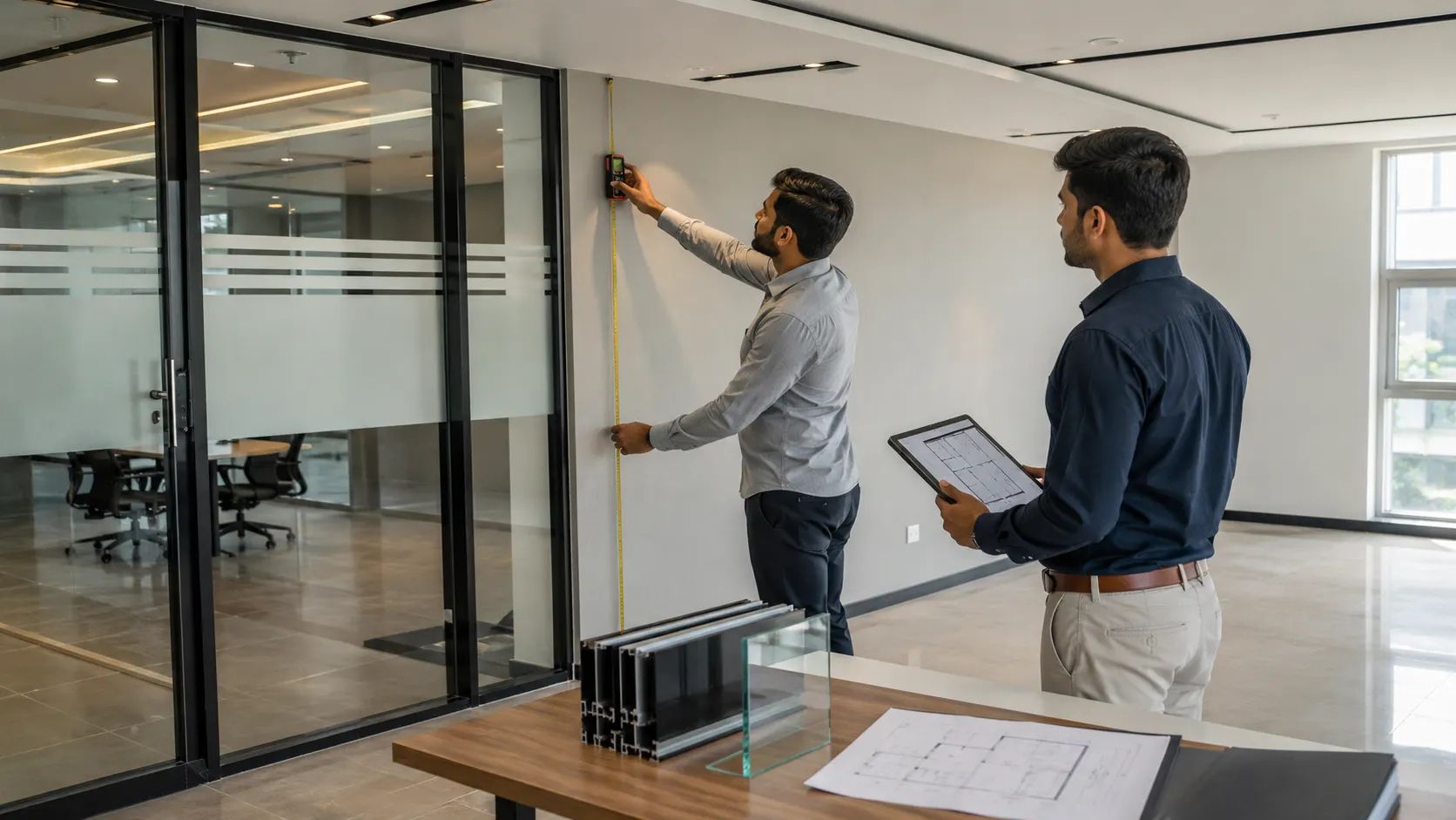 Aluminium partition contractor measuring office space for quotation in Kharar Mohali