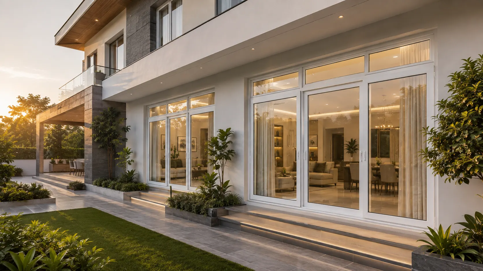 Modern Chandigarh home featuring premium uPVC windows and large glass panels