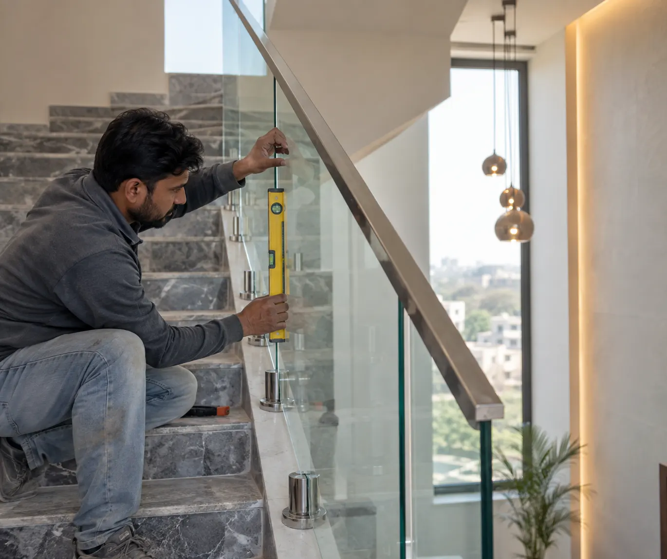 Professional installer checking glass railing alignment and fittings in Mohali