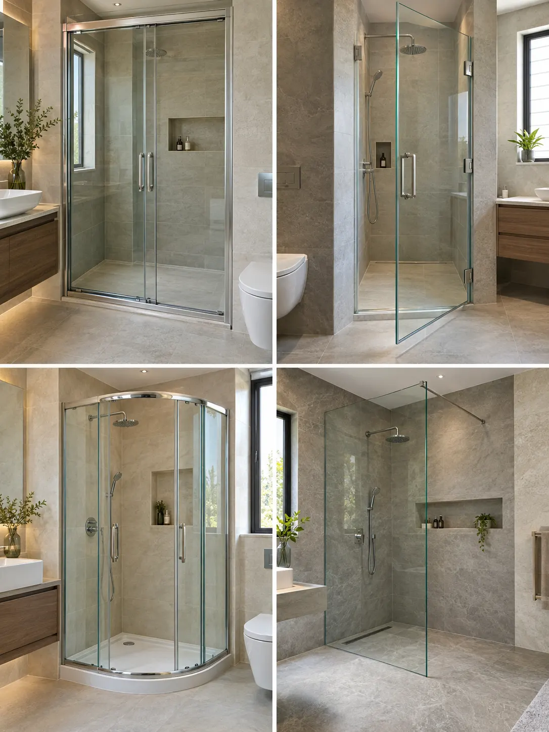 Different glass shower enclosure designs including sliding, hinged, corner and walk-in styles