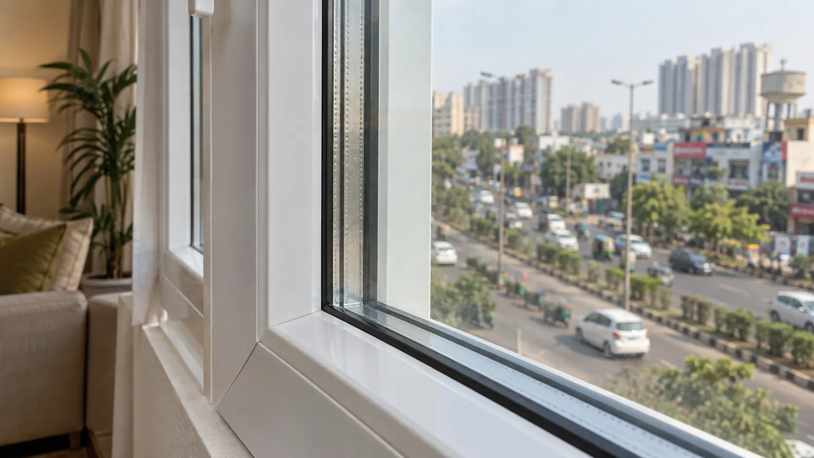 Double glazed uPVC window with sealed glass unit for traffic noise reduction