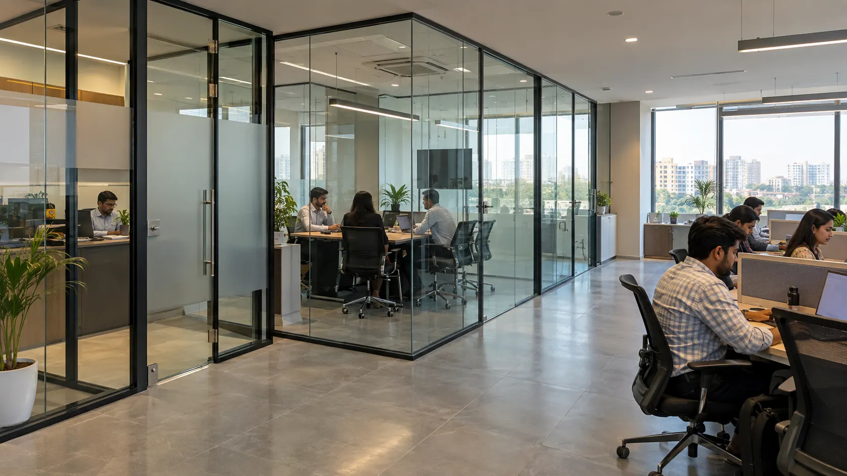Completed aluminium and glass office partition installation near Kharar