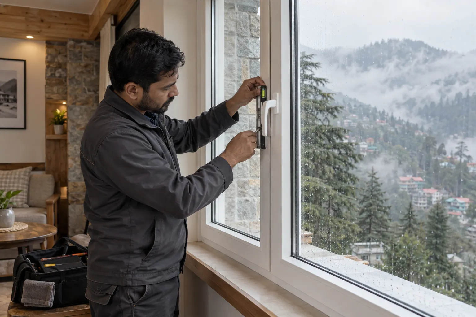 Technician inspecting uPVC window hardware and seals at a Shimla hillside home