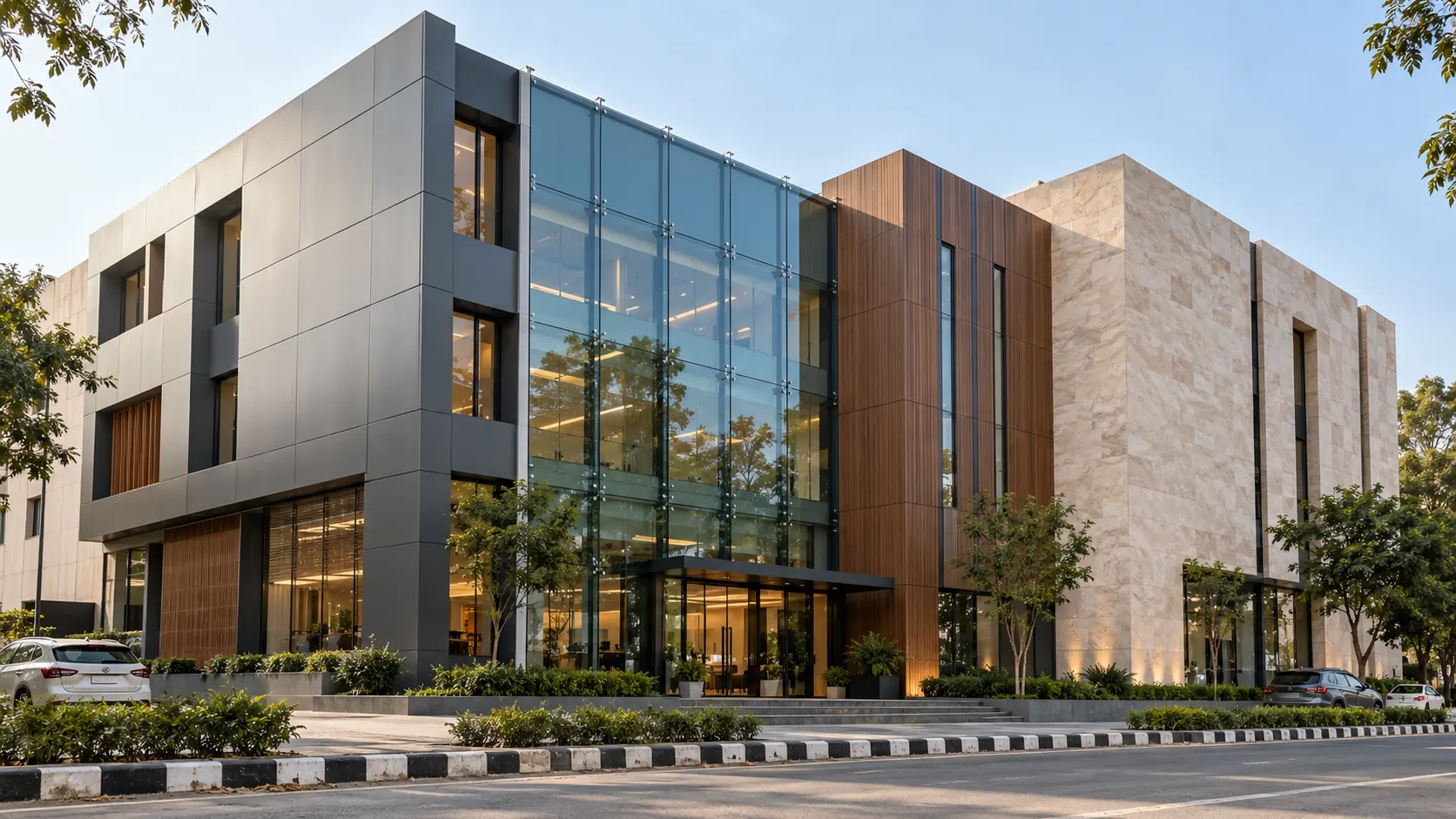 Commercial facade showing ACP, HPL, stone cladding and structural glazing materials in Chandigarh