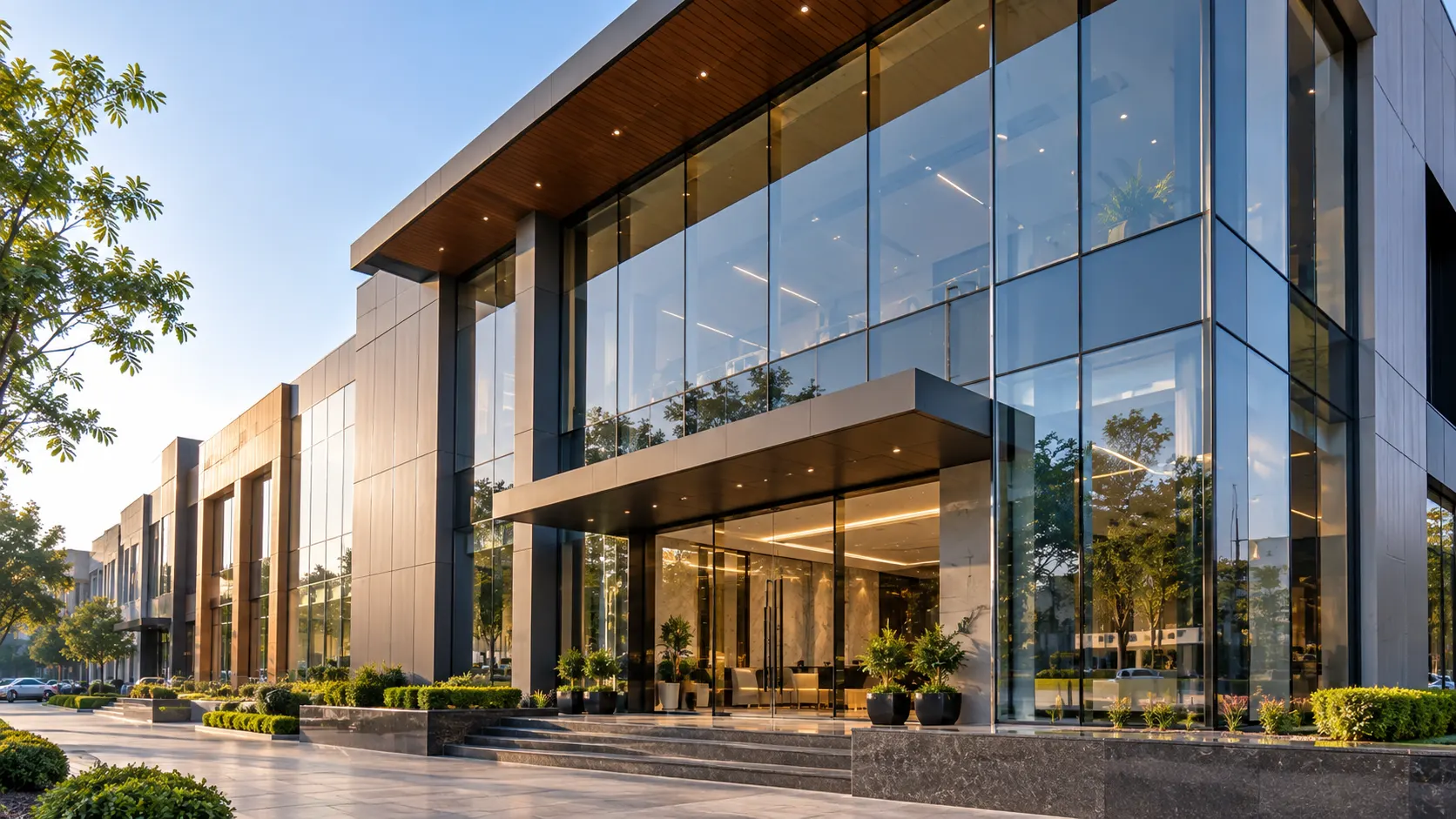 Structural glazing facade with aluminium framing on a modern commercial building in Chandigarh