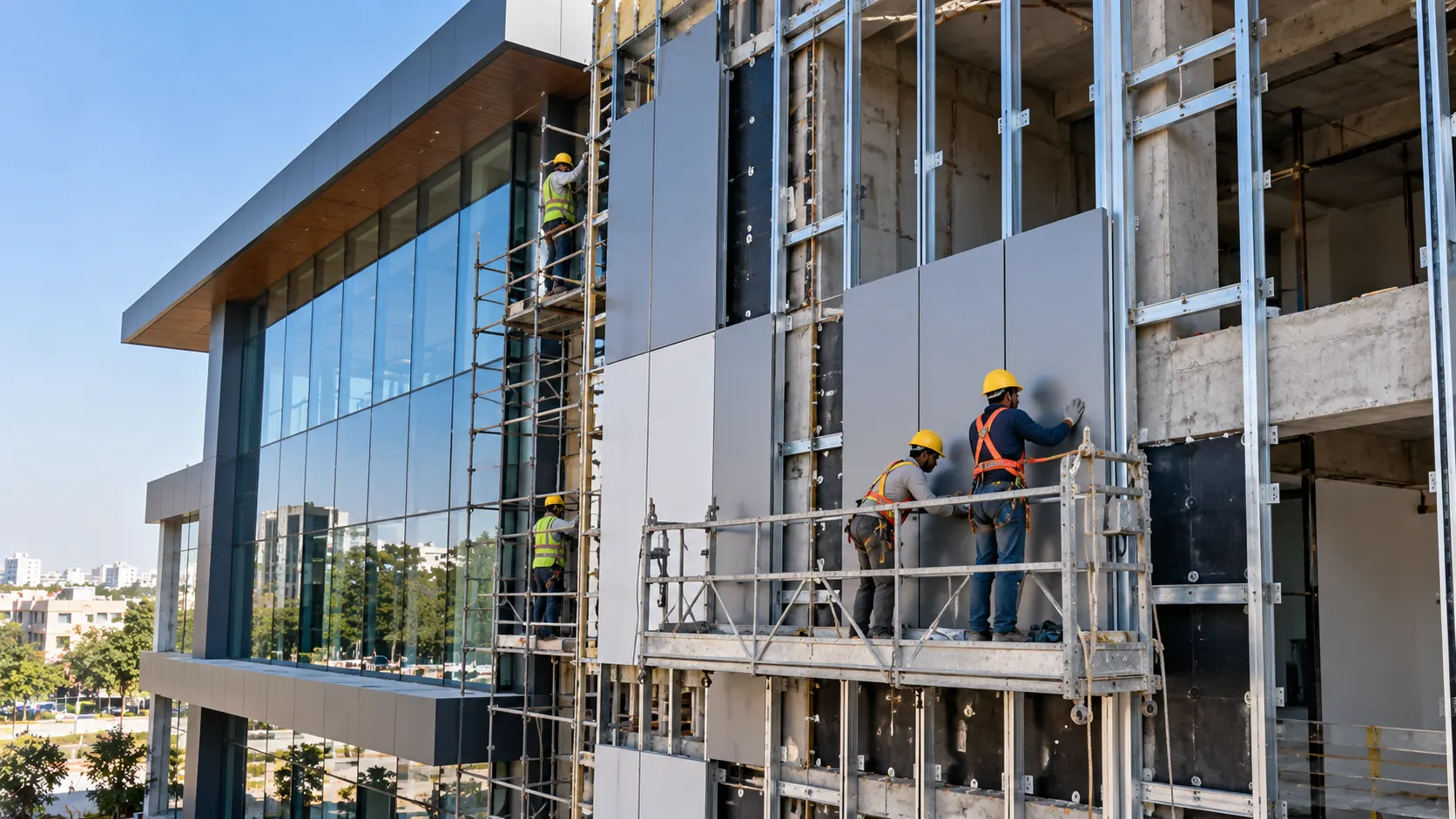 Workers installing facade cladding panels and support framing on a commercial building in Chandigarh