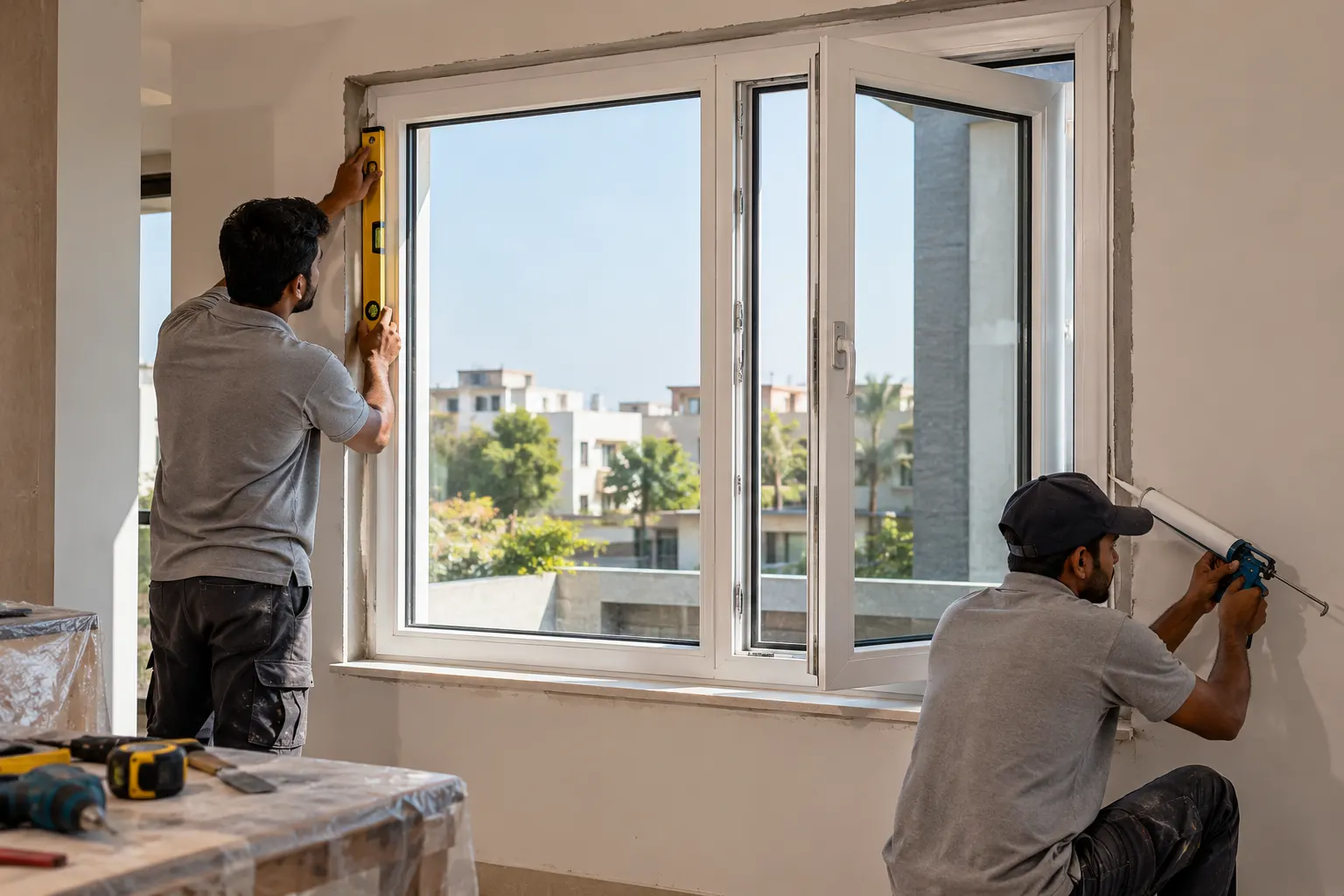Professional team installing a uPVC window in a residential home in Mohali