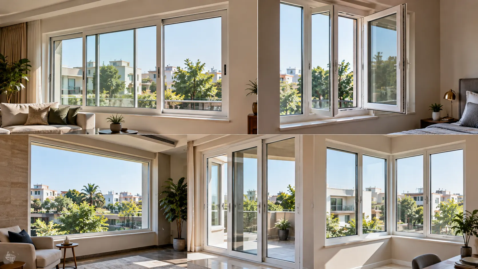 Different installed uPVC window types in a modern Mohali home including sliding and casement windows