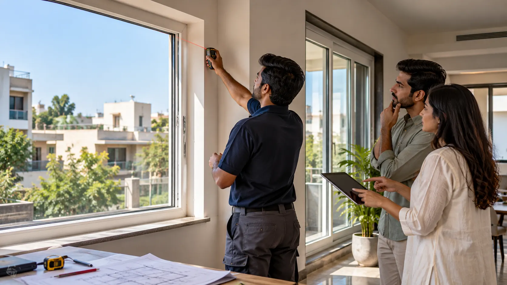Window consultant measuring a residential opening in Mohali for a uPVC window installation quote