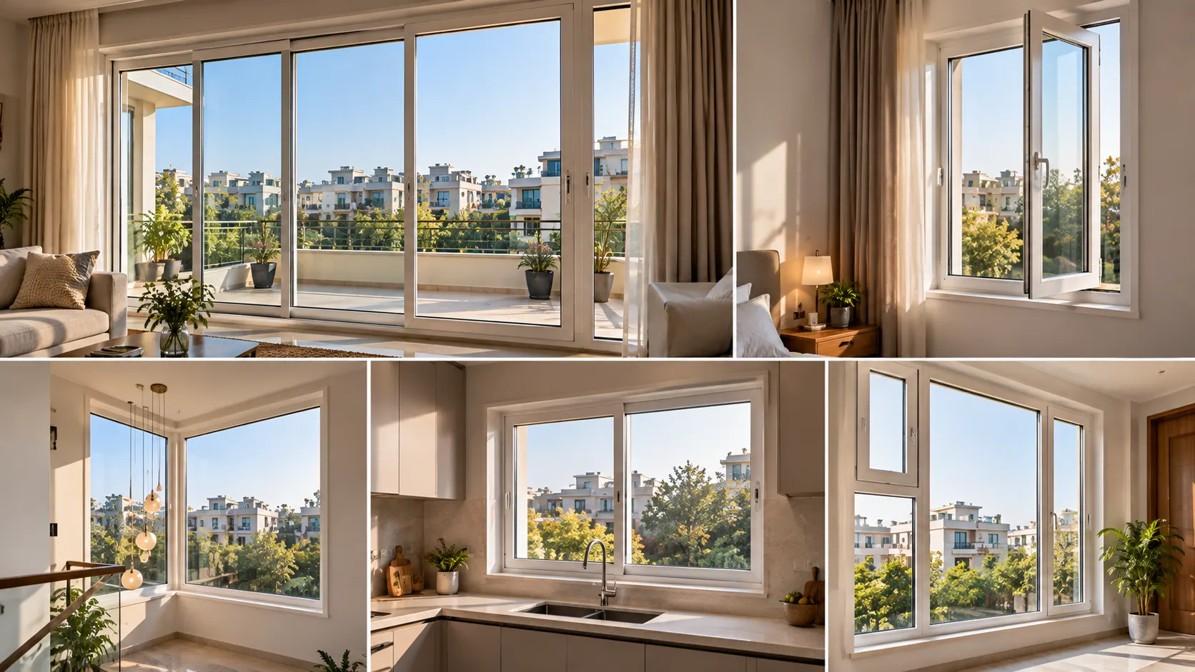 Different practical uPVC window types in a Panchkula home including sliding, fixed and casement windows