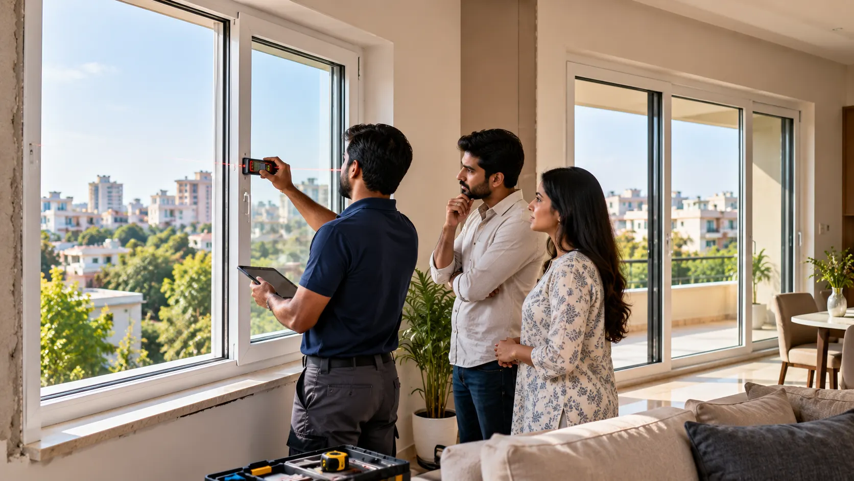 Window consultant checking uPVC window installation and measurements at a residential property in Panchkula